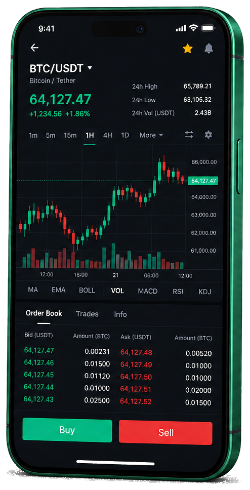 Swap +Xp Kionex trading platform on mobile — live BTC/USDT chart, order book, and buy/sell interface